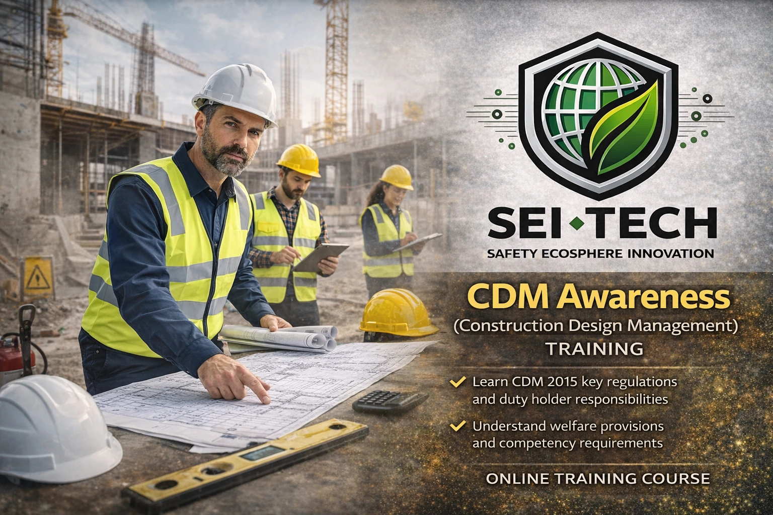 CDM Awareness Training course showing construction professionals reviewing plans on a building site — SEI-TECH Safety Ecosphere Innovation