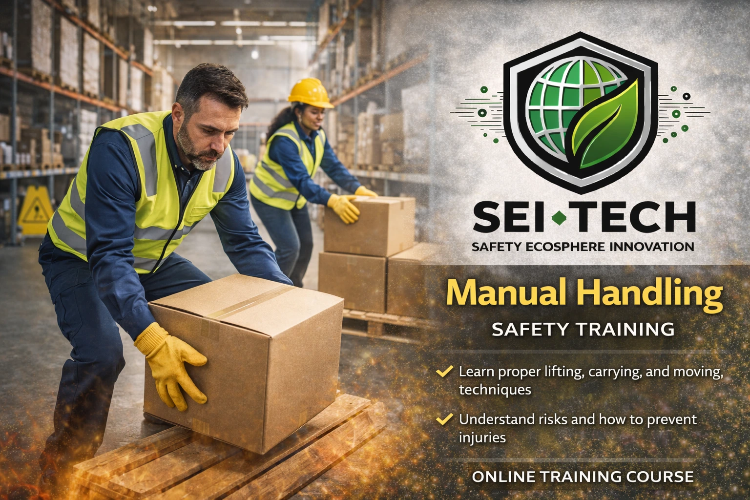 Workers practicing safe lifting techniques in a warehouse during Manual Handling Training — SEI-TECH Safety Ecosphere Innovation