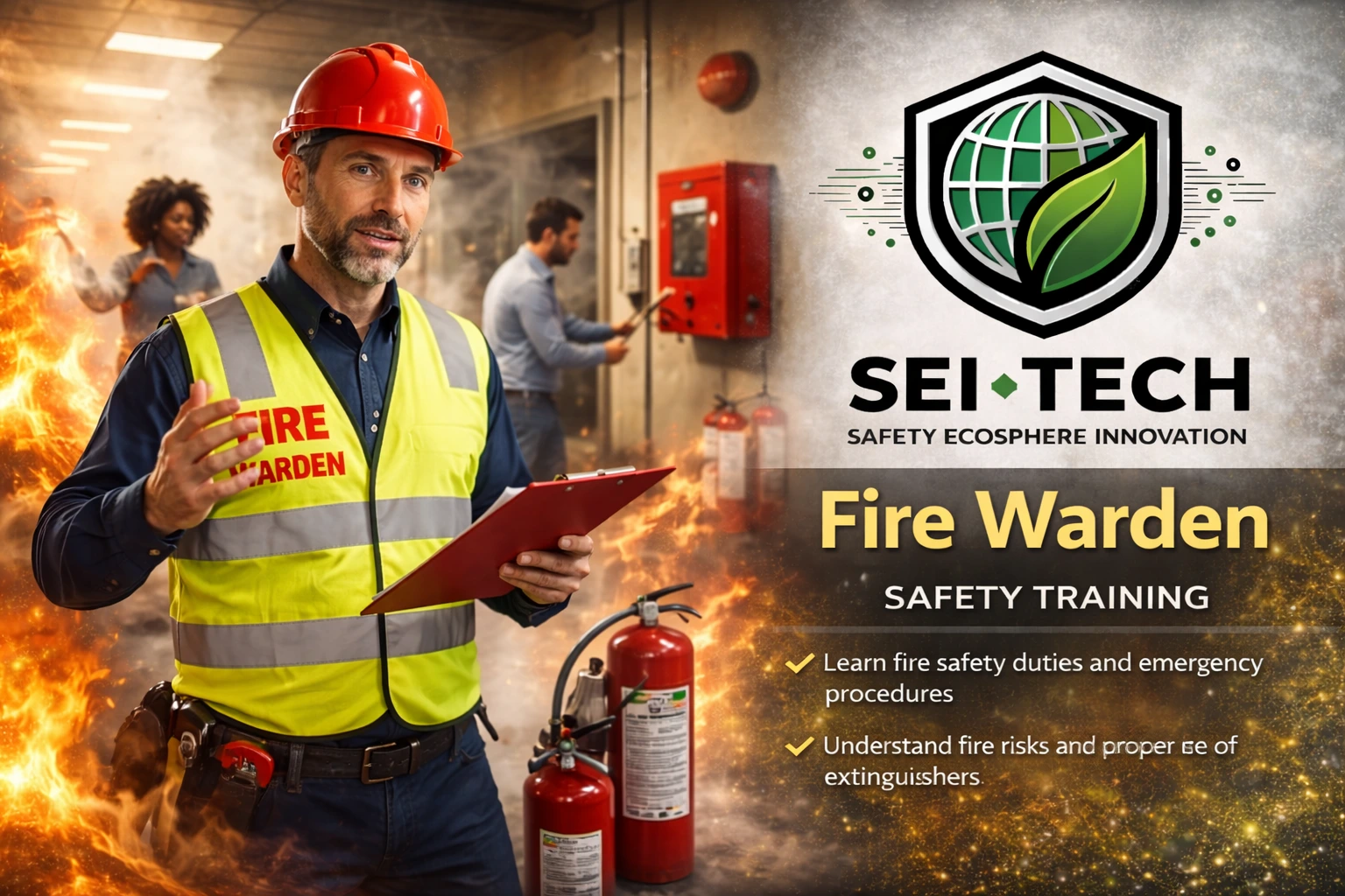 Fire warden in high-visibility vest coordinating emergency response and fire evacuation procedures — SEI-TECH Safety Ecosphere Innovation