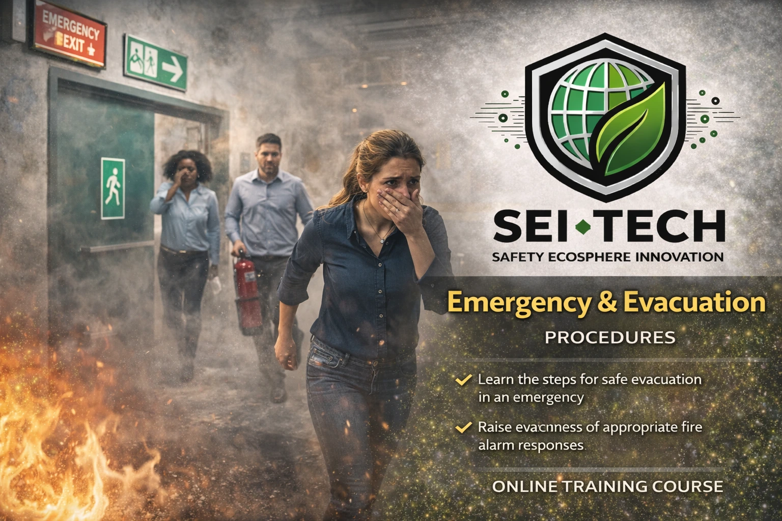 Employees evacuating a building during a fire emergency following safety procedures — SEI-TECH Safety Ecosphere Innovation