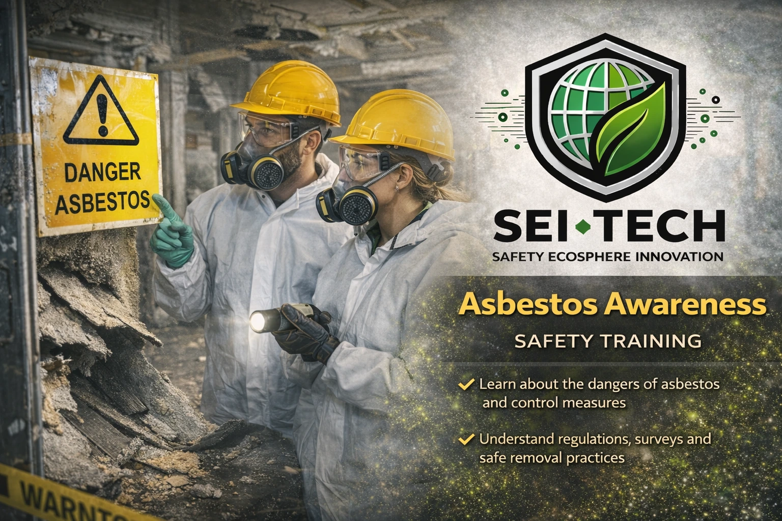 Workers in protective equipment identifying asbestos hazard materials in a building — SEI-TECH Safety Ecosphere Innovation