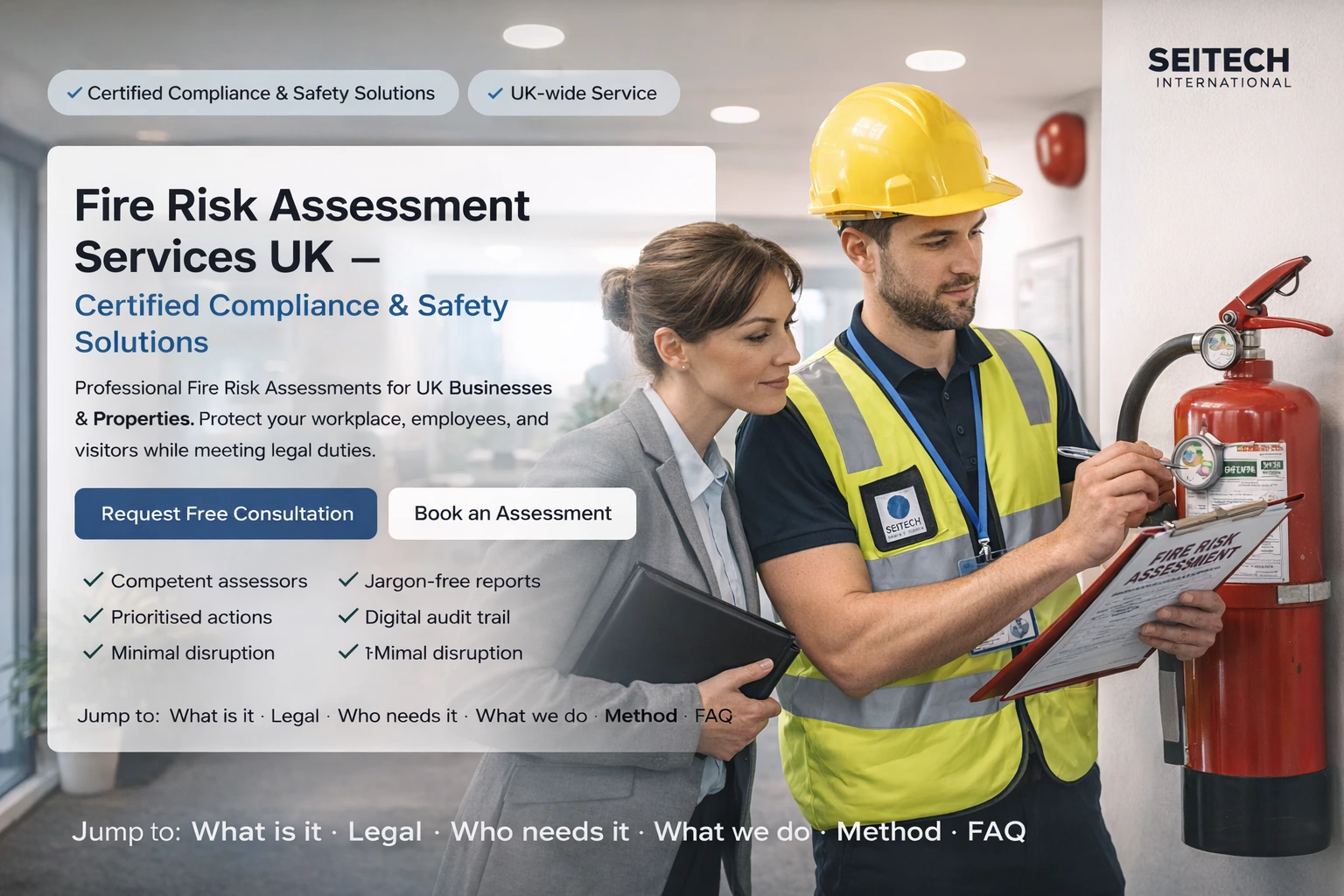 Certified fire risk assessor carrying out a fire risk assessment inspection in the UK